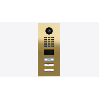 DoorBIrd D2203V IP Video Türsprechanlage, 3 Einheit, 3 Ruftasten. Messing-Optik als PVD-Beschichtung, Edelstahl V4A, hochglanzpoliert